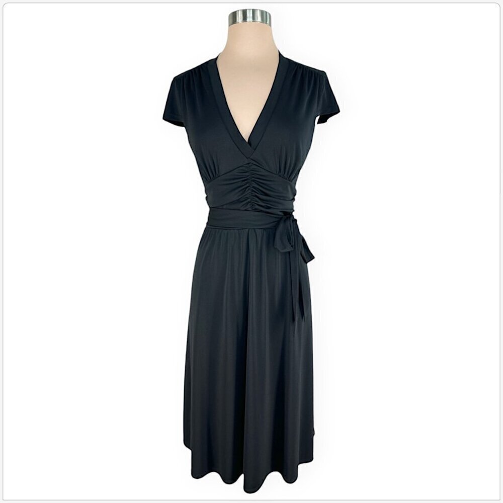 David Meister Black Stretch Jersey Ruched Waist Tie Belt Cap Sleeve Midi Dress 8